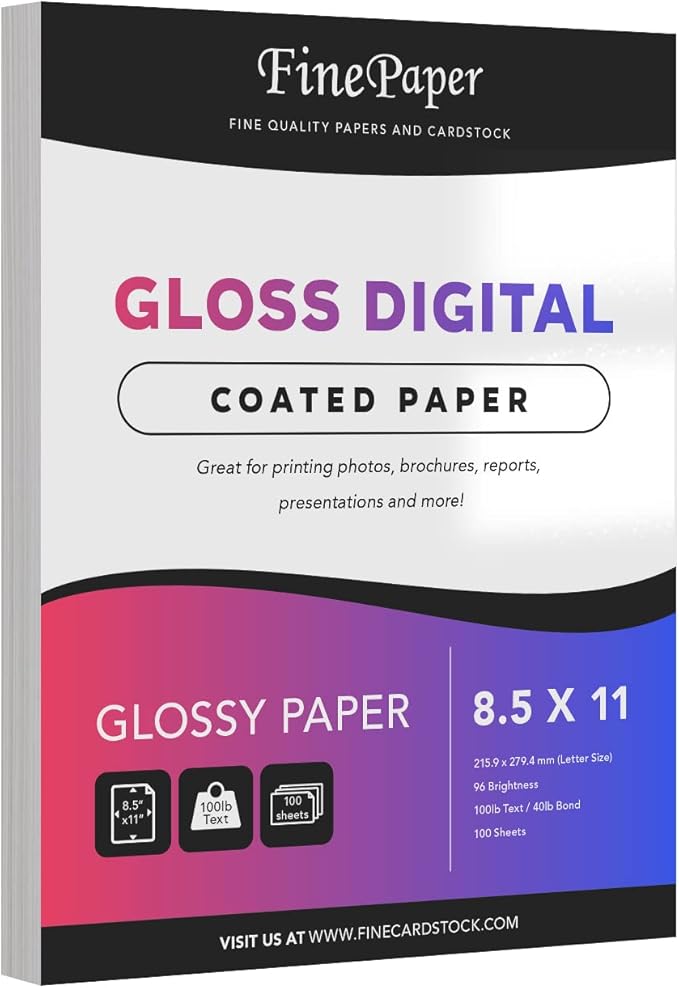 Double-Sided Gloss Digital C2S Paper – Perfect for Color Laser Printing, Design Proposals, Flyers, Brochures | 8.5 x 11 | 100lb Text (40lb Bond) | 96 Bright | Acid Free, Glossy Coated | 100 Sheets