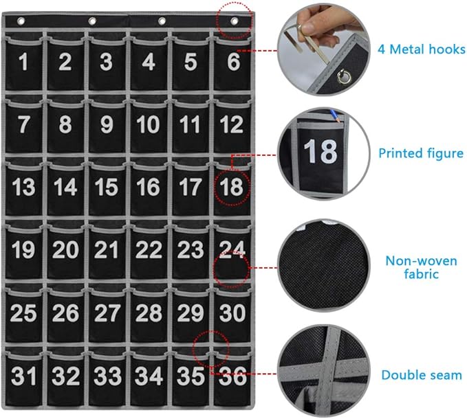 Godery Numbered Classroom Pocket Chart for Cellphone and Calculator holder, 36 Hanging Wall or Door Organizer (36 Pocket)