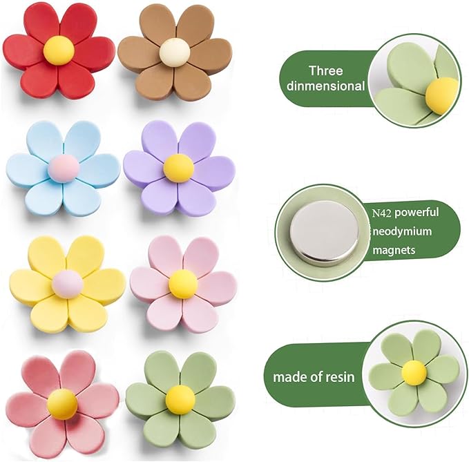 3D Flower Fridge Magnets Cute Flower Magnets for Fridge Whiteboard Office Locker Colorful Kitchen Decor Post Outdoor Publicity Posters 16PCS (8Large+8 Medium) 8 Colors