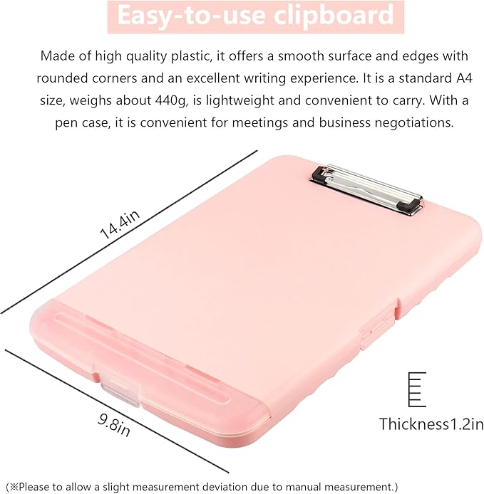 Clipboard with Storage,A4 Binder Nursing Clipboards with Pen Holder,Heavy Duty Storage Clipboard with Low Profile Clip, Clipboards Folder Side-Opening Clip Boards,Smooth Write Clip Board (Light Pink)
