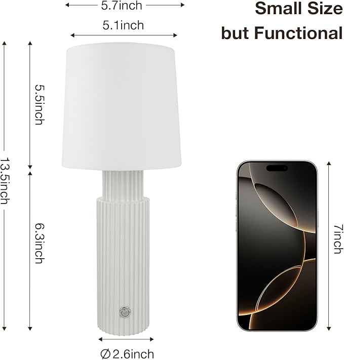 Cordless Modern Resin Table lamp, Fluted Column Base, 5200-mAh Rechargeable Battery, 3-Level Brightness, Build-in Integrated LED 320 Lumen Max, for Bedside Desk Nightstand Light