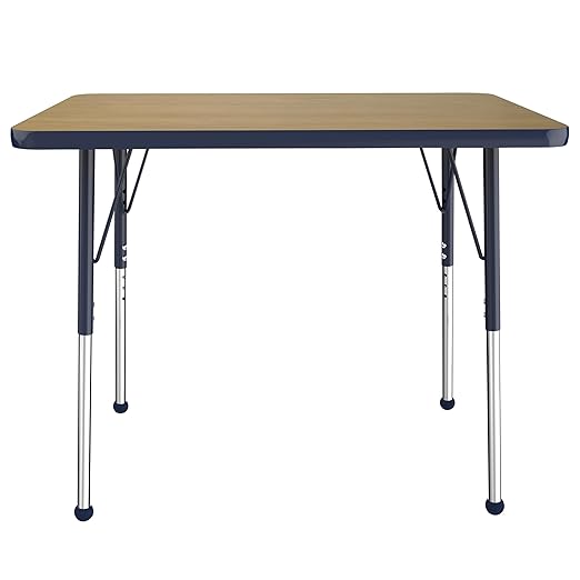 FDP Rectangle (24 x 36 inch) Classroom Table with Adjustable Standard Ball Glide Legs (19-30 in); School and Office Furniture - Pasadena Oak Top/Navy Edge and Legs