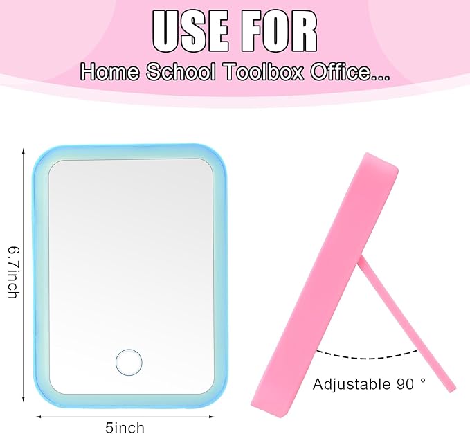 Sintuff 2 Pcs Light Up Locker Mirror Accessories Rectangular Magnetic Mirror for Locker, Bathroom, Household Refrigerator, Workshop Toolbox or Cabinet(Pink, Blue)