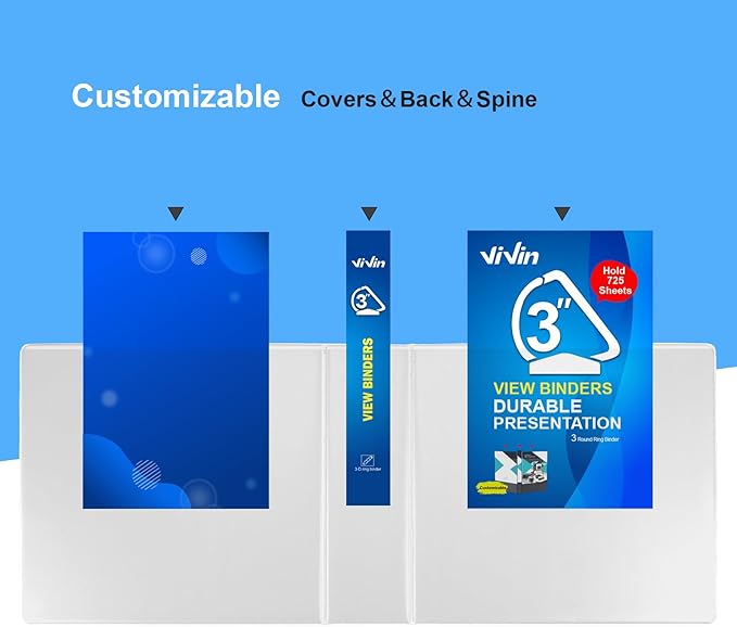 ViVin Durable 3 inch D Ring View Binder, Large 3" Slant-D Ring with 725-Sheet Capacity, Fit 8.5" x 11" Paper, 2 Pack(White)