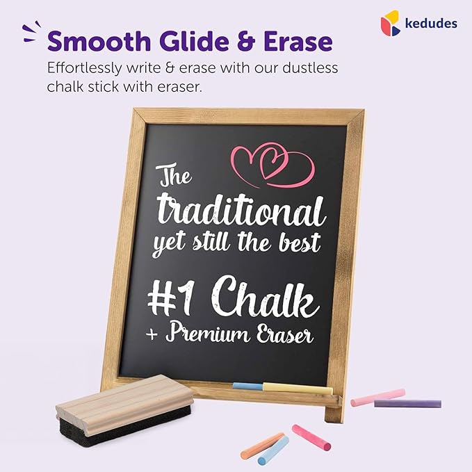 Kedudes Dustless Chalk with Eraser, 24pk - 12 Colored Chalkboard Chalks and 12 White Chalk for Chalkboard and Board Erasers Set - Blackboard Chalks and Eraser with Wooden Handle