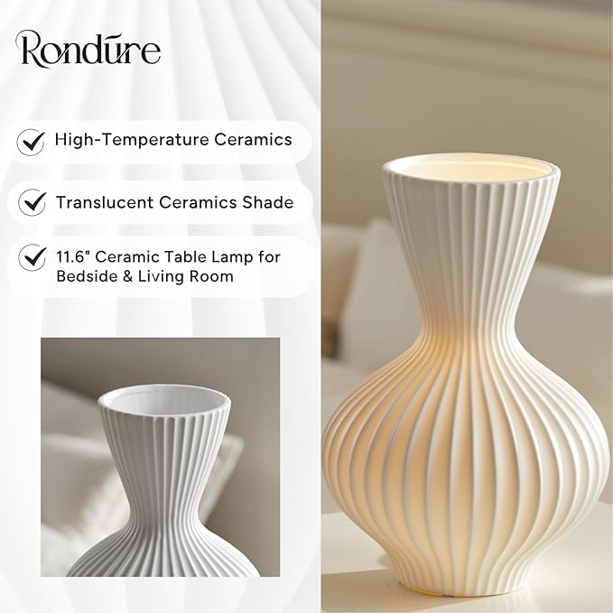 RONDURE 11.6" Modern Ceramic Table Lamp, Modern Bedside Lamps for Bedroom, Living Room and Nightstand, White Translucent Ceramic Shade, Warm Ambient Lighting, Home Decor