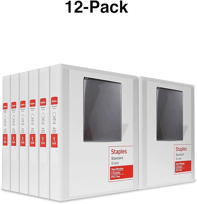 Staples 3-Ring Binder, 1 Inch D-Ring Organizer for Home, Office, School, Holds up to 220-Sheets, 12-Pack, White