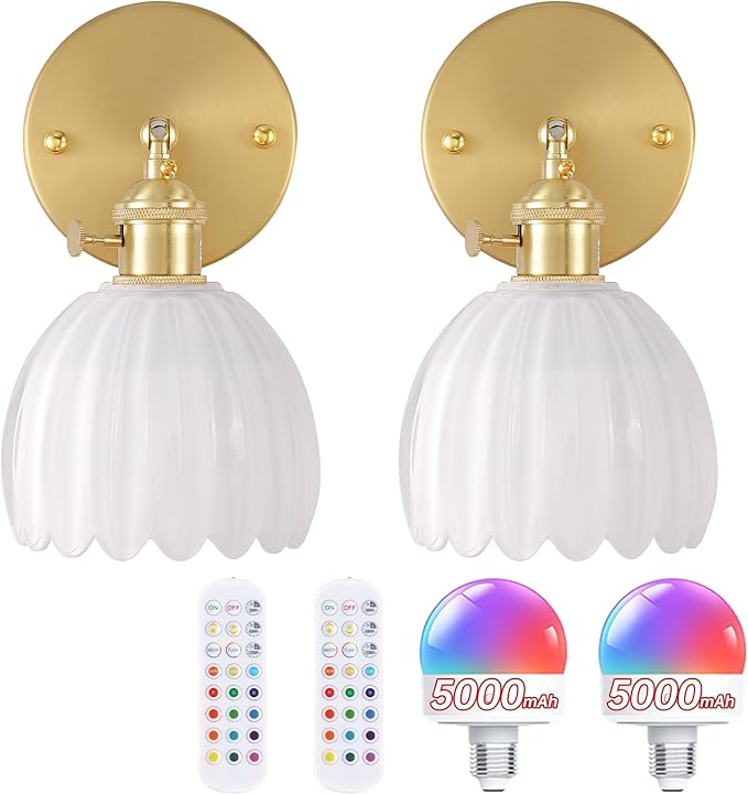 Vintage Battery Operated Wall Sconce with White Tulip Glass Lampshade 5000 mAh Rechargeable Battery Powered Wall Light with Remote Control for Bedside Bedroom Doorway, Set of 2
