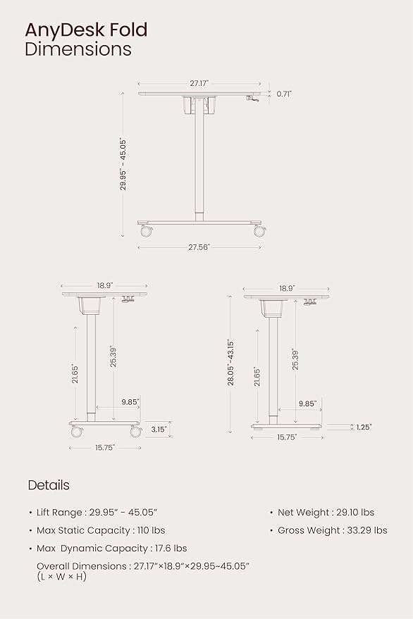 TopJob ANYDESK FOLD Mobile Standing Desk, Portable with Lockable Wheels, Foldable Stand Desk, Rolling Computer Workstations, Used for Home, Couch Side Table, Bedside Table in Bed Room Kitchen
