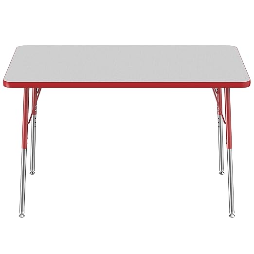 FDP Rectangle Activity School and Office Table (30 x 48 inch), Standard Legs with Swivel Glides, Adjustable Height 19-30 inches - Gray Top and Red Edge