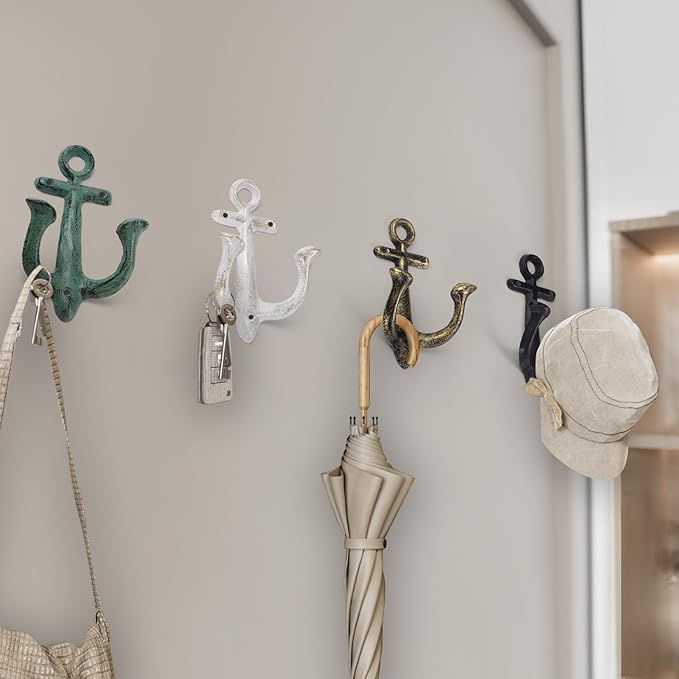 Notakia Decorative Wall Mounted Antique Shabby Chic Metal Home Bathroom Towel Coat Hooks Hanger, Vintage Rustic Cast Iron Wall Hooks (Large Nautical Towel Hooks 4Pcs)