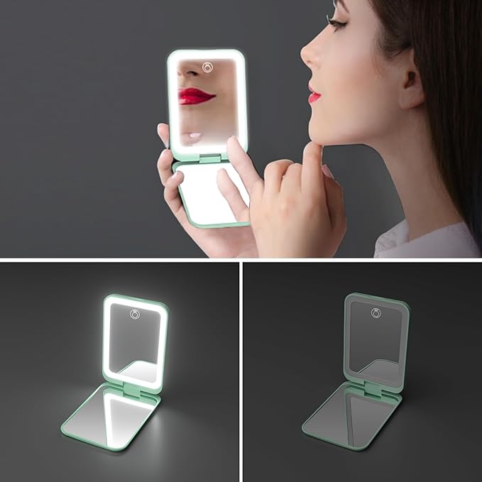 Kintion 2025 Pocket Mirror, Rechargeable Dimmable 3 Color Lighting 1X/3X LED Compact Travel Makeup Mirror for Purse, Portable, Folding, Handheld, Small Lighted Mirror for Women Gift, Cyan