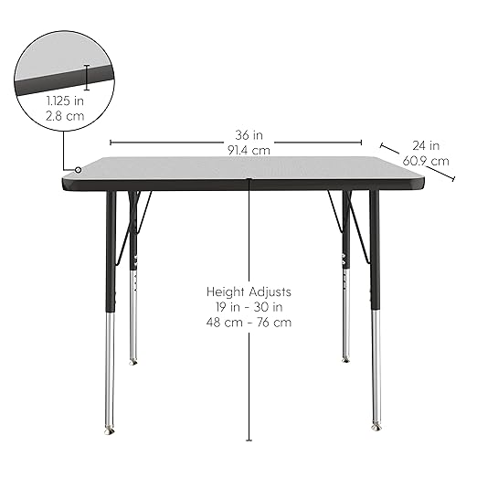 FDP Rectangle Activity School and Office Table (24 x 36 inch), Standard Legs with Swivel Glides, Adjustable Height 19-30 inches - Gray Top and Black Edge