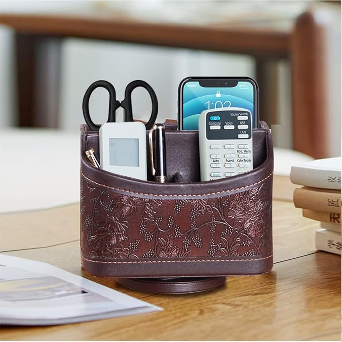 Fanousy 360° Rotating Remote Control Holder, PU Leather TV Remote Caddy Organizer Basket Storage Box with 5 Compartments for Pen, Pencil, Art Supplies, Makeup Brush, Office Desk Table Accessories