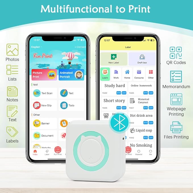 MXiiXM Mini Sticker Printer, Portable Mini Pocket Printer for iPhone, Smart Inkless Thermal Printer with 13 Roll Papers, Bluetooth Mini Printer for Notes, Photos, Stickers, Labels, Receipts (Green)