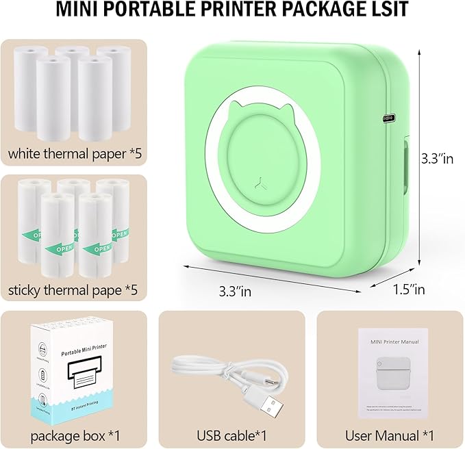 Mini Photo Printer - Portable Pocket Sticker Printers for iPhone Thermal Printer with 10 Rolls Thermal Paper for Photo, Memo, Journal - Green