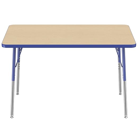 Factory Direct Partners FDP Rectangle Activity School and Office Table (30 x 48 inch), Standard Legs with Swivel Glides, Adjustable Height 19-30 inches - Maple Top and Blue Edge