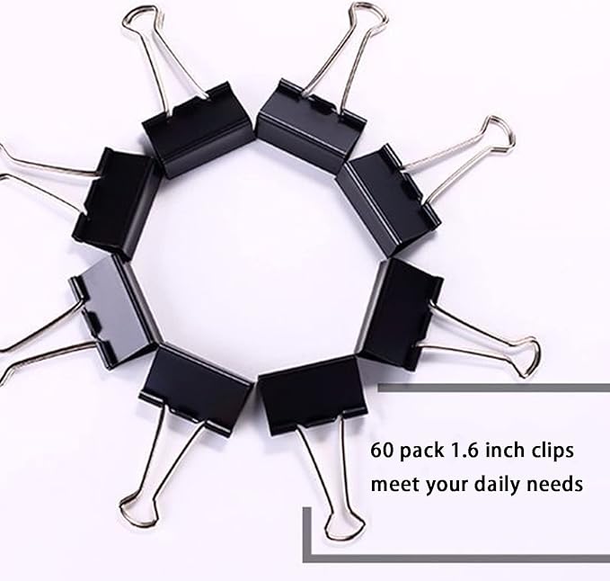 Medium Binder Clips 1.6 Inch (60 Pack), Large Binder Clips Medium Paper Clamps for Office and Home Supplies, Black
