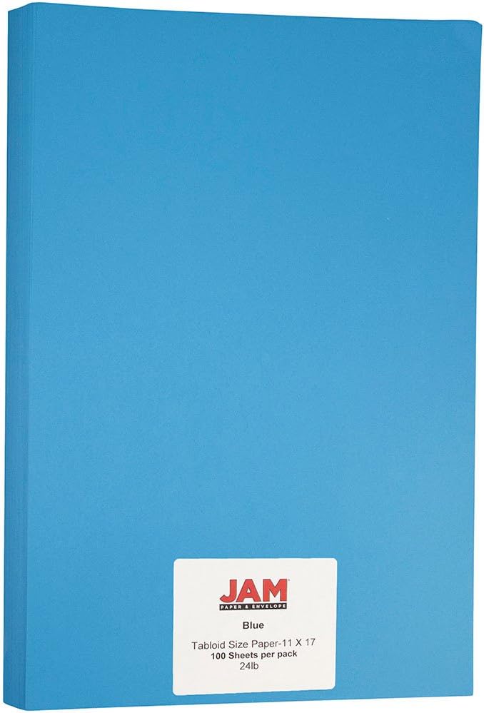 JAM PAPER Ledger Matte 24lb Paper - 90 gsm - 11 x 17 Tabloid - Blue Recycled - 100 Sheets/Pack