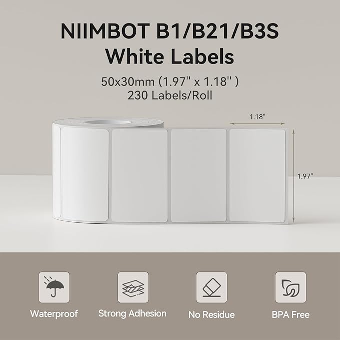 NIIMBOT Label Tape for B1/B21/B3S, 1.97'' x 1.18'' (50x30mm), 230 Labels/Roll, Thermal Label Tape for Marson Jar/Bakery/Grocery/Barcode/Return Address/Small Business, White