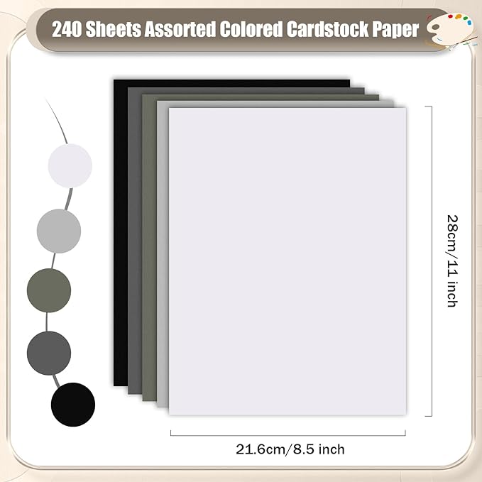 MixTeach 240 Sheets Assorted Gray Cardstock Paper 8.5 x 11" Medium Thick Card Stock 180gsm/65lb Printable Black White Kraft Paper for Scrapbooking, Card Making, Invitations, DIY Art Craft Supplies