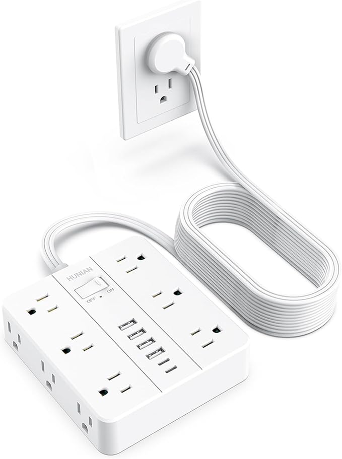 Flat Plug Power Strip Surge Protector, Flat Extension Cord Indoor 20 Feet, HUNIAN 12 Widely Spaced Outlets with 6 USB (2 USB C Ports), Desk Charging Station for Home Office Supplies, White