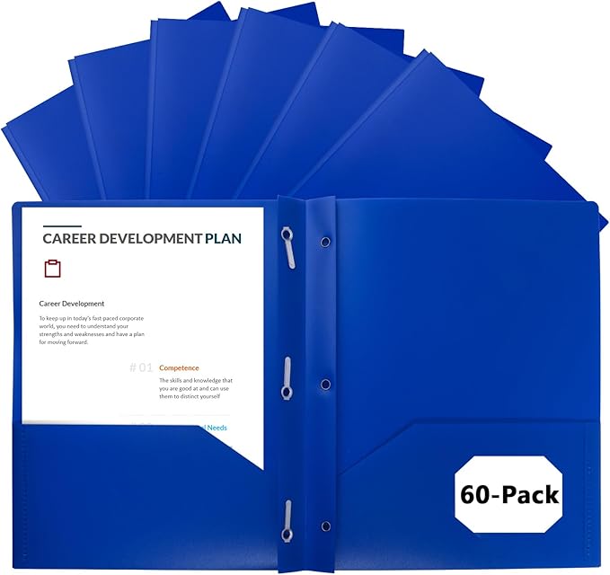 60-Pack Plastic Folders with Pockets and Prongs,2-Pocket Folders with 3 Fasteners, Poly Folders Holds 8-1/2" x 11" Paper for School/Office/Home, Blue