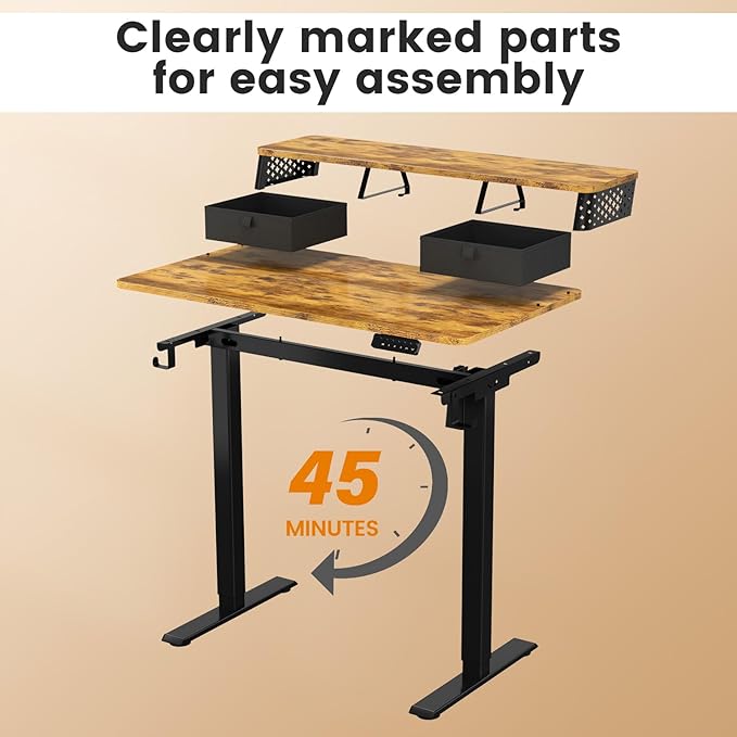 Small Standing Desk With Drawers and Brushless Motor,Electric Sit Stand Desk for Walking Pad,Ergonomic Stand Up Desk for Home Office & Gaming,3 Memory Height Preset & Hooks(35" x 20", Rustic Brown)