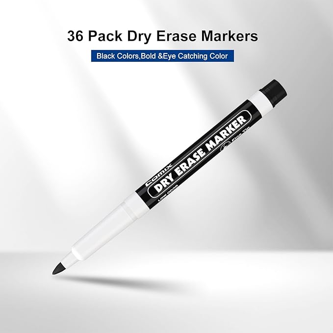 Comix Fine Tip Dry Erase Markers, Low Odor Whiteboard Markers, 36 Bulk Black Color Markers for Kids Teachers Office & School Supplies