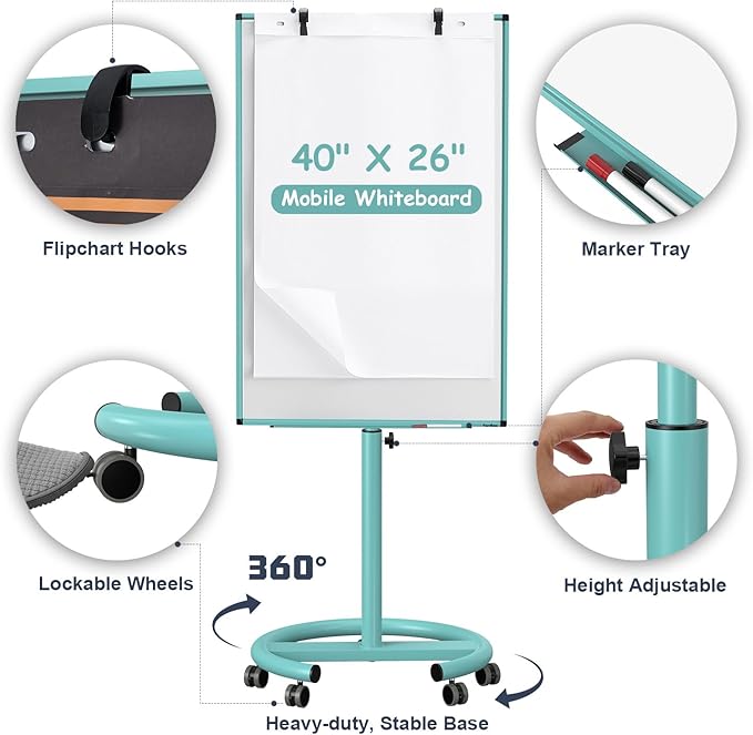 Mobile Whiteboard on Wheels, 40x26 Inches Magnetic Dry Erase Board with Stand, Standing Dry Erase Board with Paper Pads, Portable Rolling White Board for Classroom, School, Office, Home, Teacher