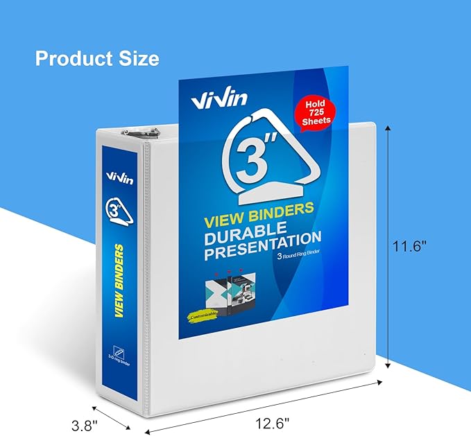 ViVin Durable 3 inch D Ring View Binder, Large 3" Slant-D Ring with 725-Sheet Capacity, Fit 8.5" x 11" Paper, 2 Pack(White)