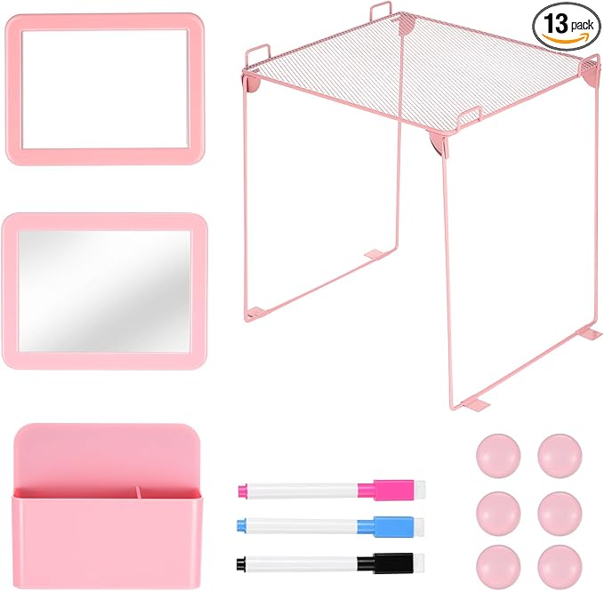 Pink locker accessories kit, locker decorations for girls, cute locker set includes locker shelf, magnetic locker mirror and whiteboard, pen holder, markers and magnets