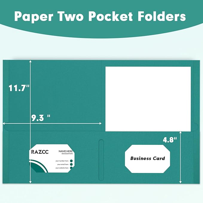 Two Pocket Folders, RAZCC 75 Pack 2 Pocket Folders Fit Letter Size Paper, Paper Folders with Pockets for School Office Business Home, Turquoise