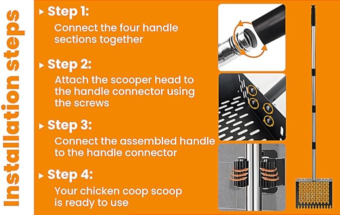 Chicken Poop Scooper for Sand with 22–62'' Adjustable Handle, Metal Chicken Coop Scoop with Rake-Style Teeth and Bonus Garden Flat Shovel for Coop Cleaning, Ice & Debris Removal