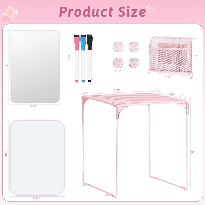 HAUTOCO 11-Piece Locker Accessories Kit with Shelf, Magnetic Mirror, Magnetic Whiteboard, Pen Holder, Magnets, Markers, Back to School Essentials Pink Locker Decorations Organizer Supplies for Girls