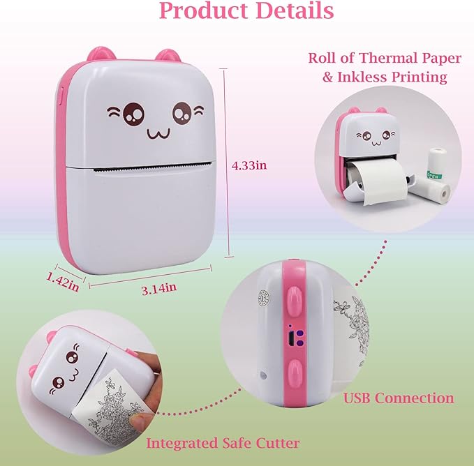 Mini Pocket Printer, Portable Thermal Printer with 8 Rolls Printing Paper, Bluetooth Wireless Tiny Printer for Photos/Stickers/Labels/Notes/Receipts, Compatible with iOS and Android, Pink