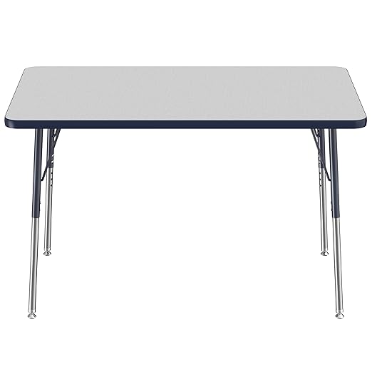 FDP Rectangle Activity School and Office Table (30 x 48 inch), Standard Legs with Swivel Glides, Adjustable Height 19-30 inches - Gray Top and Navy Edge