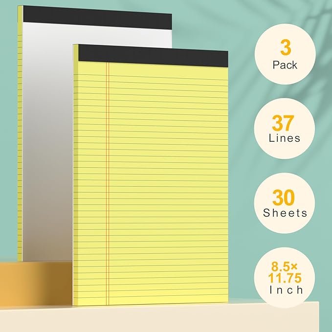 8 Pack Yellow Legal Pads 8.5 x 11 Yellow Notepads 30 Sheets/60 Pages Narrow Ruled, Double-Sided Recycled Paper Writing Pads 8.5 x 11 for Home, School, Office, Students, and Business