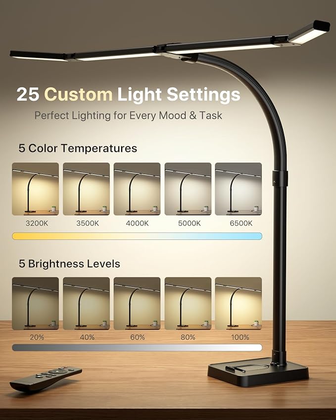 42" LED Desk Lamp for Home Office, Eye-Caring Desk Light with Adjustable 4-Segment Bar, 1800LM Bright, Remote, Architect Table Lamp with Base for Dual Monitors, Reading, Study, Workbench(Black)