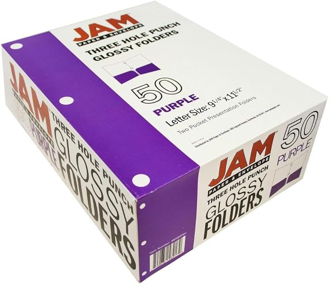 JAM PAPER Laminated Two Pocket Glossy 3 Hole Punch School Folders - Letter Size - High Gloss Purple - Bulk 50/Box