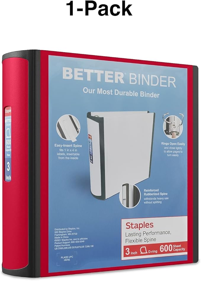 Staples 807717 Better 3-Inch D 3-Ring View Binder Red (18367)