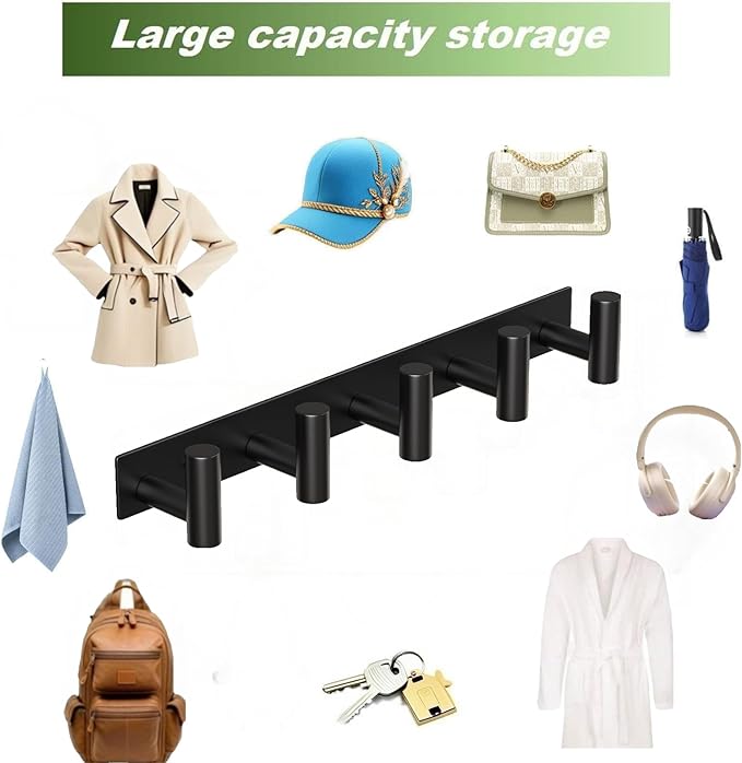Wall Mounted Coat Rack-5 Hooks, Heavy Duty Stainless Steel Hook Rail for Towel Coat Hat Purse Bag Jacket, Towel Hooks for Entryway Bathroom Kitchen (Black 5 Hooks - 1 Pack)
