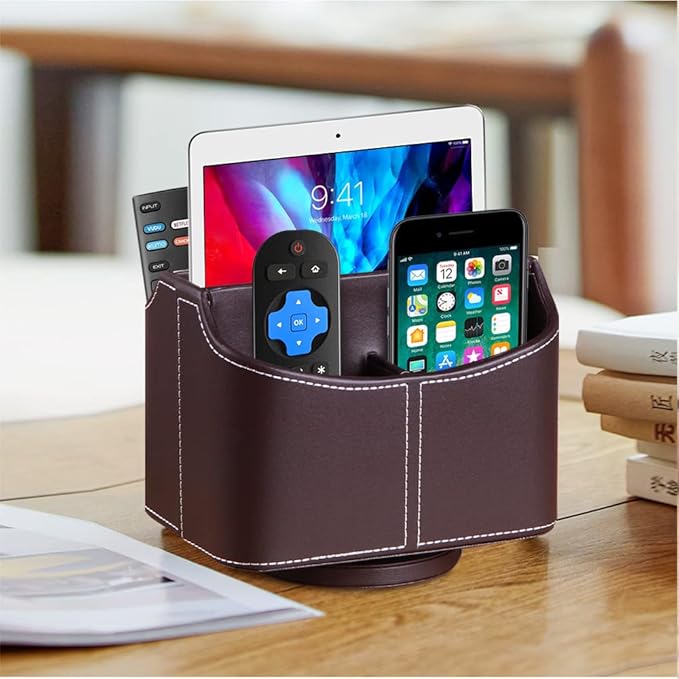Fanousy 360° Rotating Remote Control Holder, PU Leather TV Remote Caddy Organizer Basket Storage Box with 5 Compartments for Pen, Pencil, Art Supplies, Makeup Brush, Office Desk Table Accessories