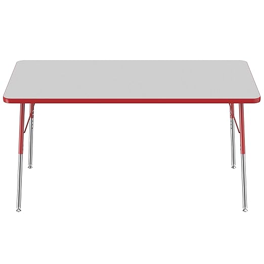 FDP Rectangle Activity School and Office Table (36 x 60 inch), Standard Legs with Swivel Glides, Adjustable Height 19-30 inches - Gray Top and Red Edge