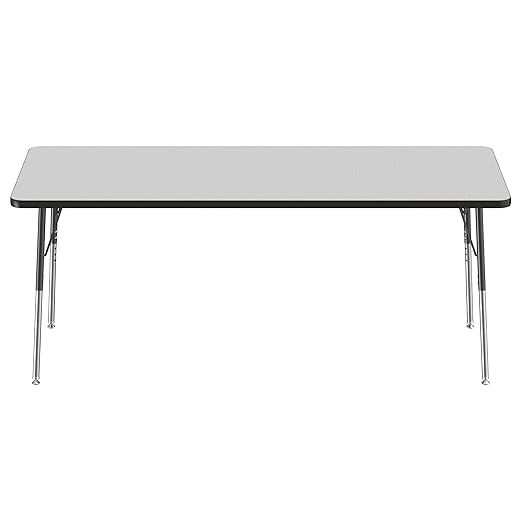 FDP Rectangle Activity School and Office Table (30 x 72 inch), Standard Legs with Swivel Glides, Adjustable Height 19-30 inches - Gray Top and Black Edge