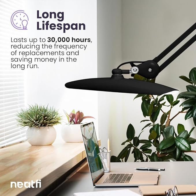 Neatfi XL 2,200 Lumens LED Task Lamp, 24W, 117 Pcs SMD LED, 4 Level Brightness, Dimmable, Desk Light for Home, Office, Workbench (Non-CCT with Base, Black)