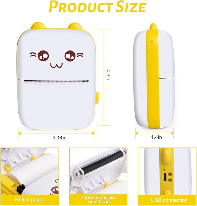 Mini Pocket Printer, Gifts for kids, Portable Thermal Printer for Pictures/Retro Photos/Receipts/Notes/Lists/Label/ Memo/QR Codes, Bluetooth Wireless Smart Printer with Android or iOS APP (Yellow)