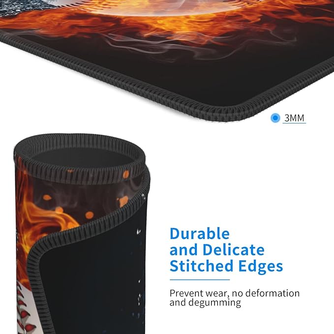 Baseball Mouse Pad for Boys Men Desk, Cool Sports-Themed Mouse Pads with Fire & Water Pattern Printed, Rectangle Non-Slip Rubber Base Gaming Mousepad for Laptop Computer