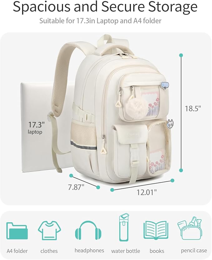 Large Backpack for Teen Girls, Cute Aesthetic School Backpacks with for Middle High School Students, Designer ITA Backpack for Kids Bookbag, Beige