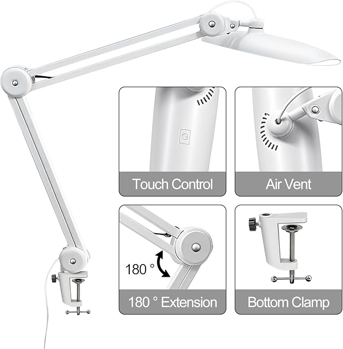 182 LEDs Desk Lamps for Home Office, 20” Overhead Bright Lumens 24W Metal Eye-Caring Nail Desk Light for Reading Work Craft Sewing Task Workbench, White